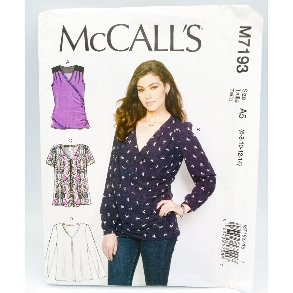 McCalls Pattern M7193 Size A5 6,8,10,12,14 Misses Loose Fitting Tops Uncut